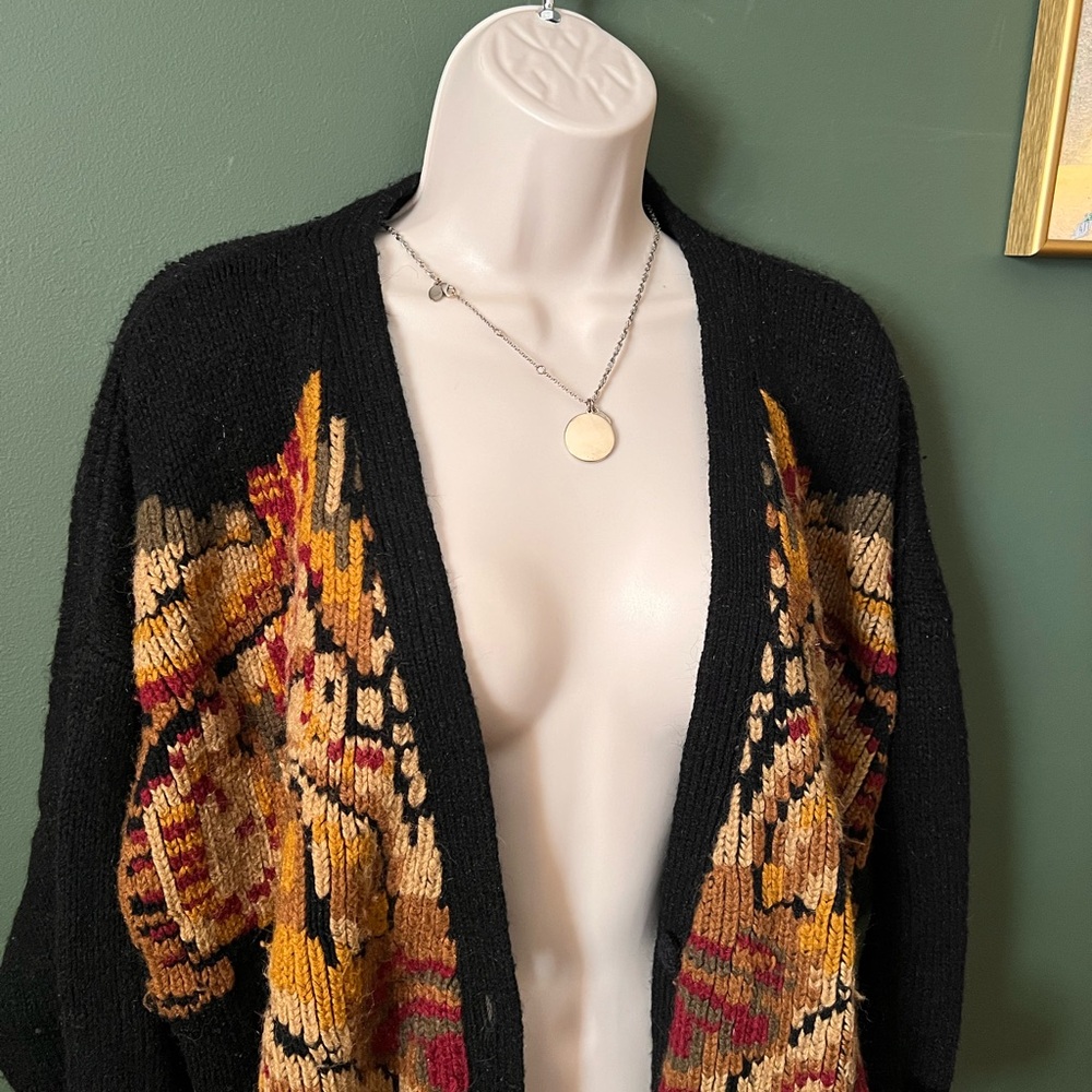 Vintage GP Collections Black Cardigan with Vibrant Yellow and Red Pattern - Picture 2 of 4